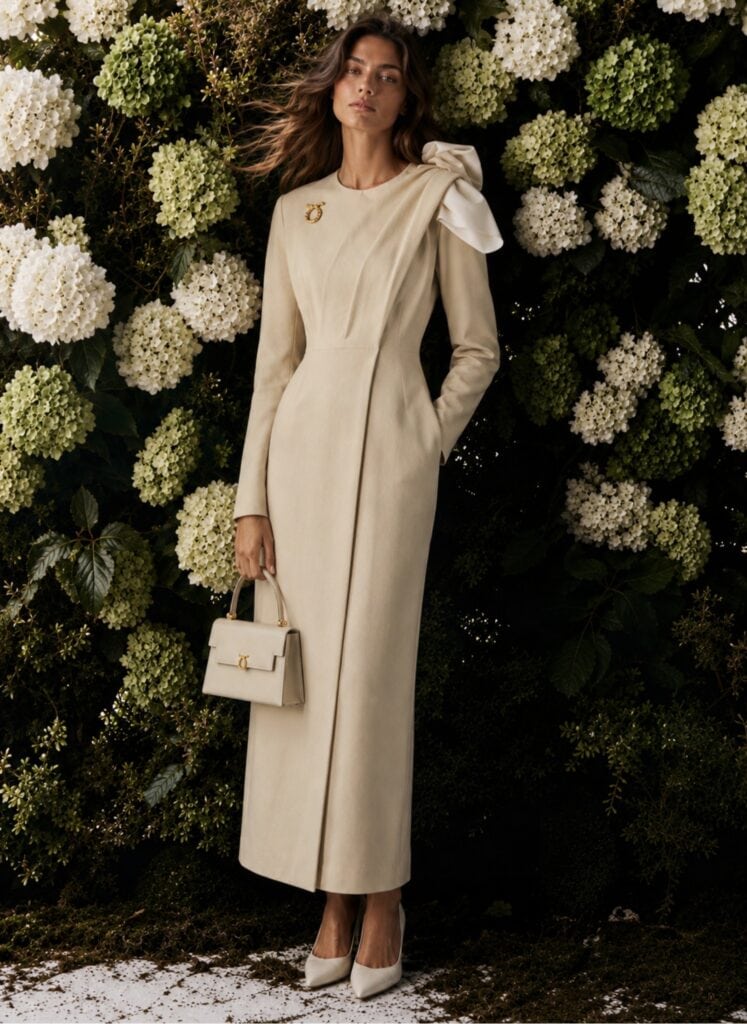 Draped Dress Coat 9 champagne tux shirt Model wearing a cream draped dress coat with shoulder bow detail and matching handbag.