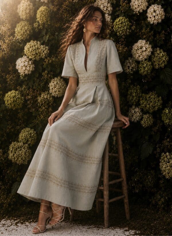 Elegant woman in a light beige dress sitting on a wooden stool.
