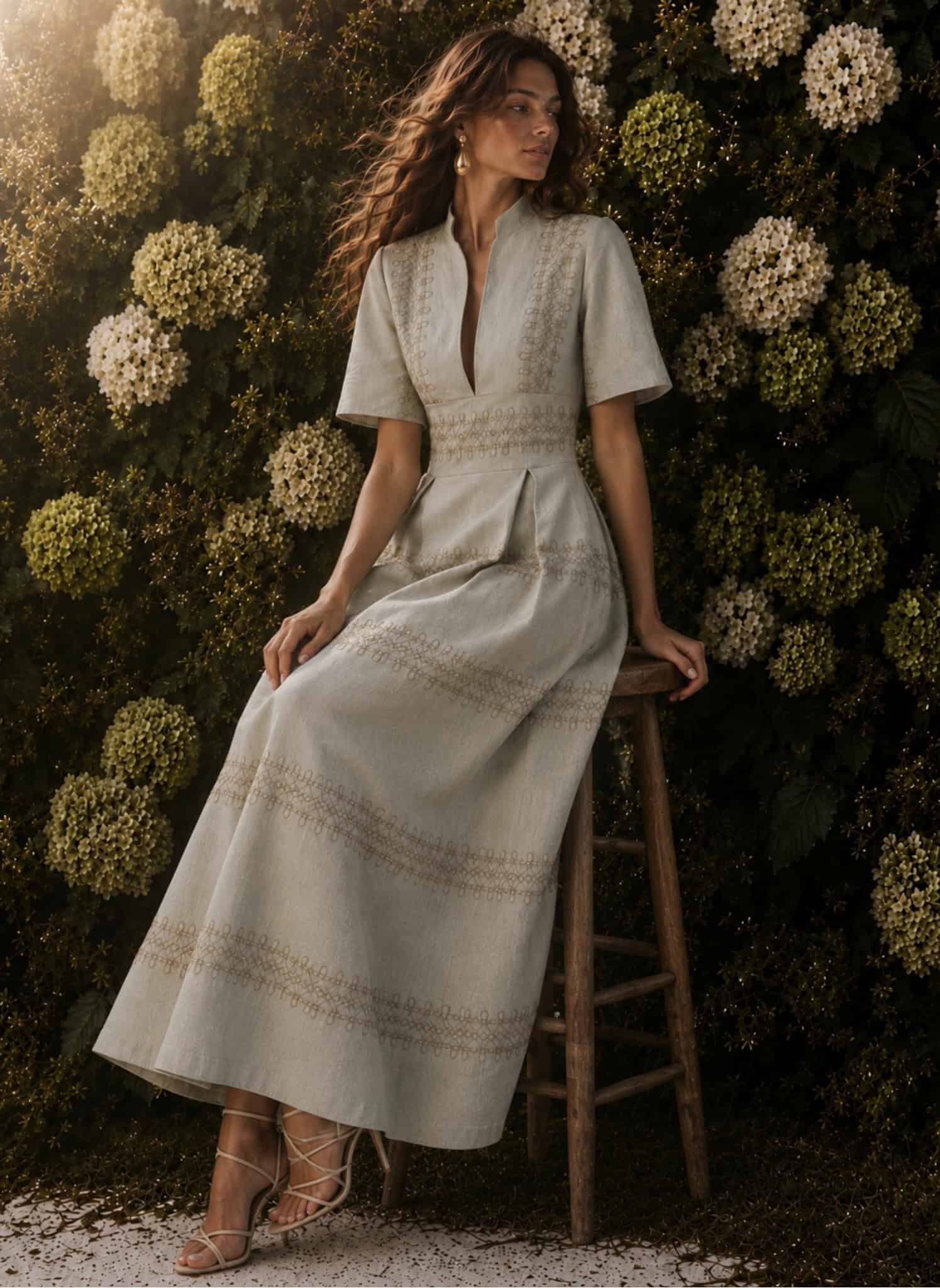 The Gigi Dress 4 Elegant woman in a light beige dress sitting on a wooden stool.