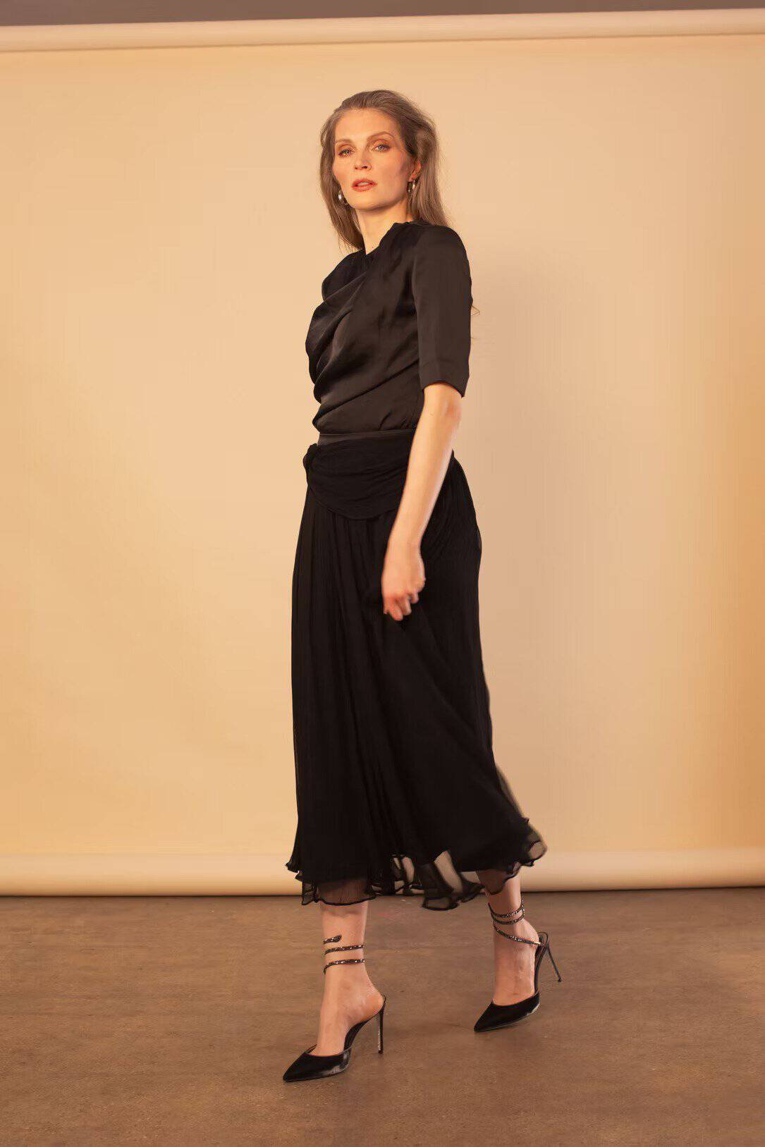 BLACK DRAPED SATIN TEE 3 BLACK DRAPED SATIN TEE by Aimee Joyce London, view 2