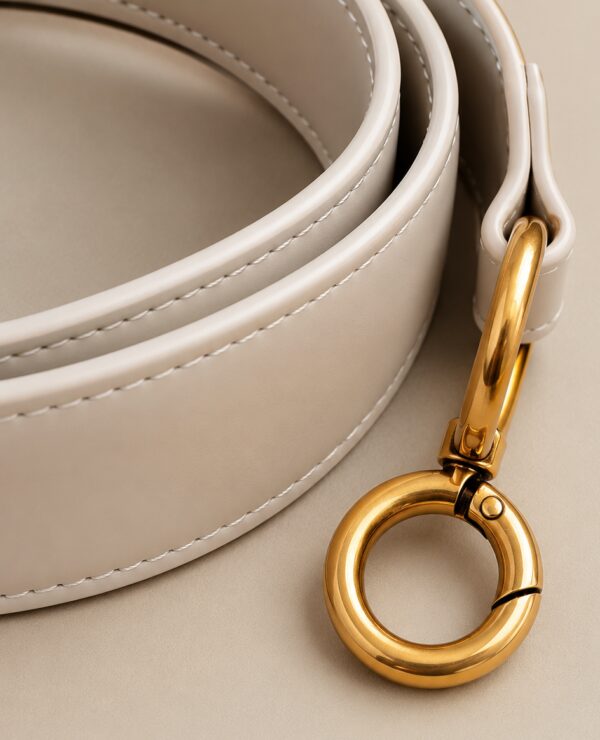 Gold hardware and leather detail of the nude Sorella bag