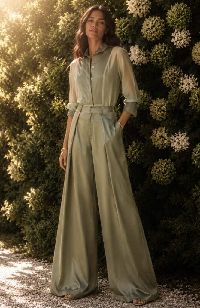 Elegant woman in sage green tux shirt and wide-leg trousers outdoors.