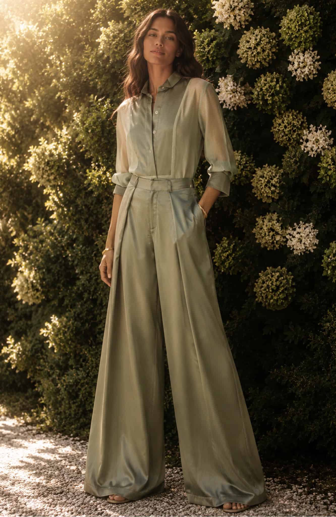 Elegant woman in sage green tux shirt and wide-leg trousers outdoors.