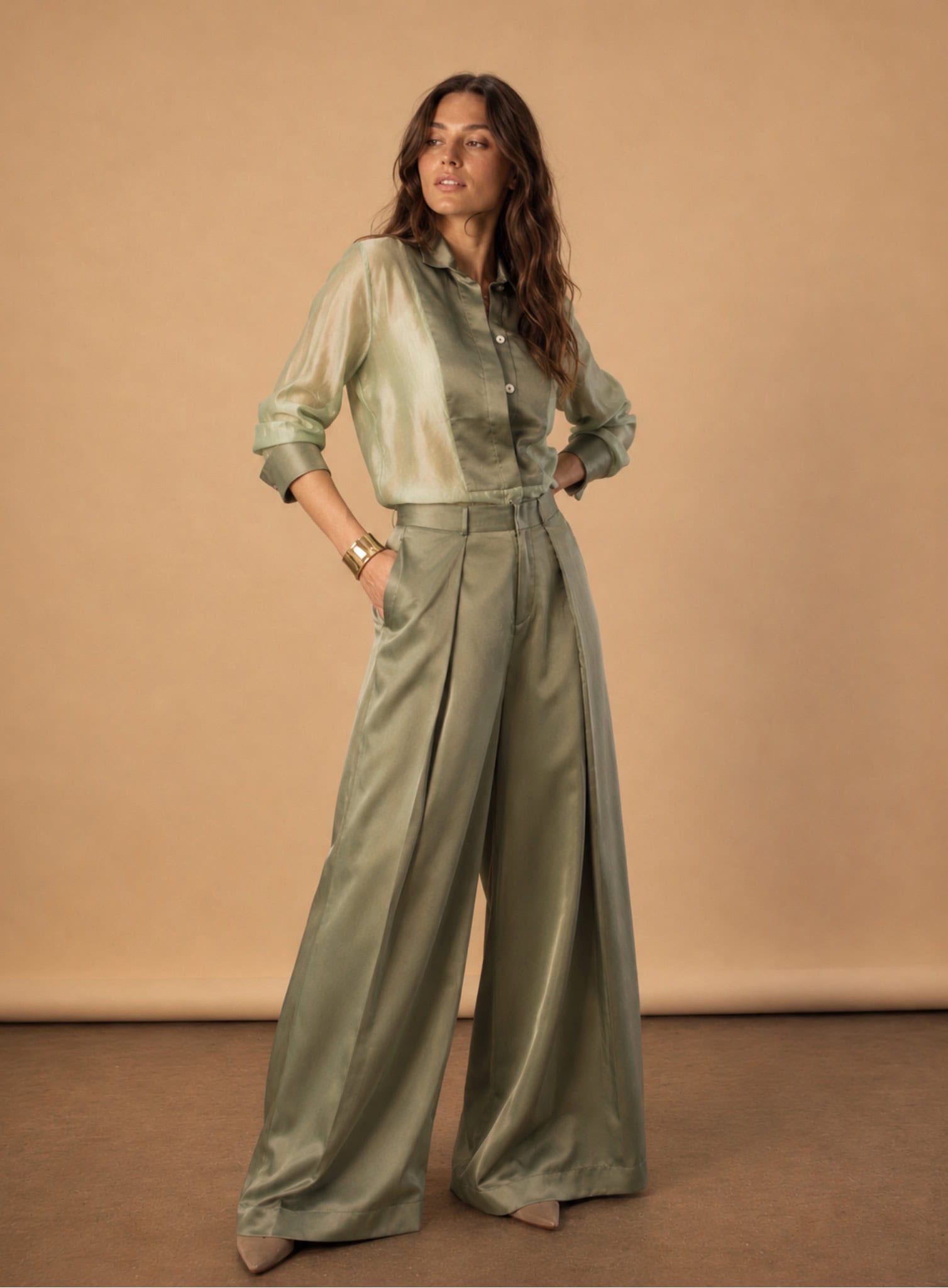 The Sage Tux Shirt 9 sage tux shirt Elegant satin tux shirt and wide-leg trousers by Aimee Joyce London.