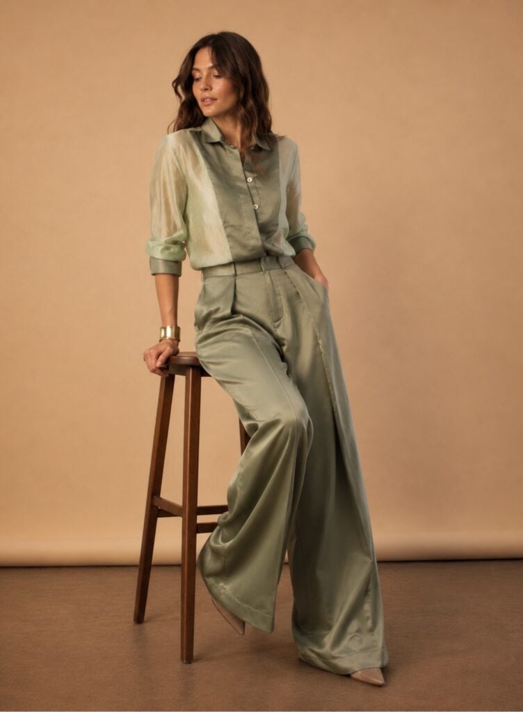 Elegant woman in sage green tux shirt and wide-leg trousers for a sophisticated style.