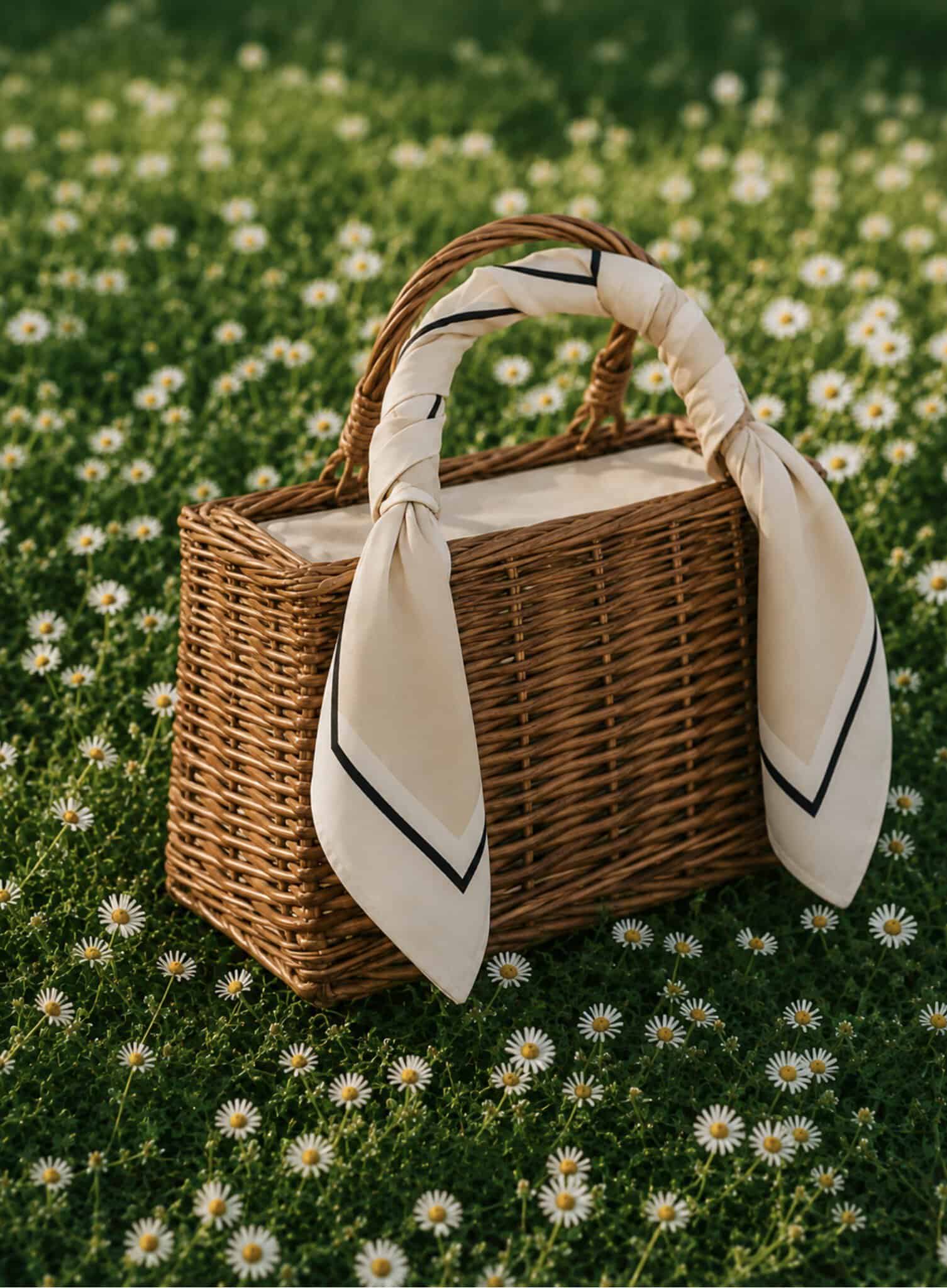 The Woven Basket Bag 4 woven basket bag Woven basket bag with a white scarf handle on a grassy field with daisies.