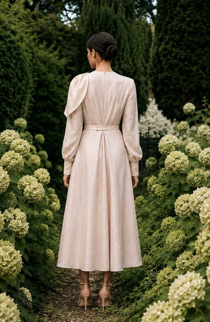 The Long-sleeved Catherine dress 7 Elegant long-sleeved dress by Aimee Joyce London in a garden setting.