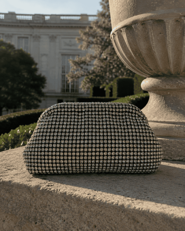 Elegant black clutch bag with gold accents on a stone ledge in outdoor setting.