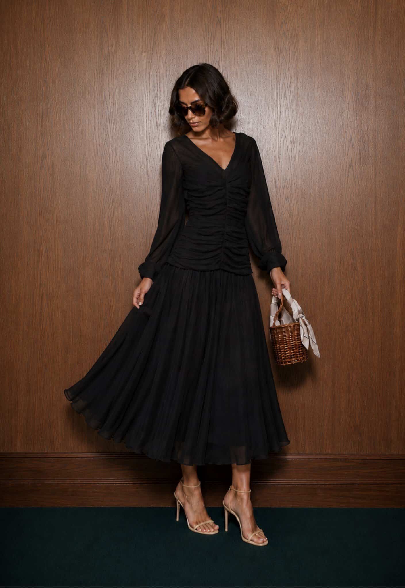 The Audrey blouse in black 9 champagne tux shirt Elegant black dress with sheer long sleeves and pleated skirt by Aimee Joyce London.