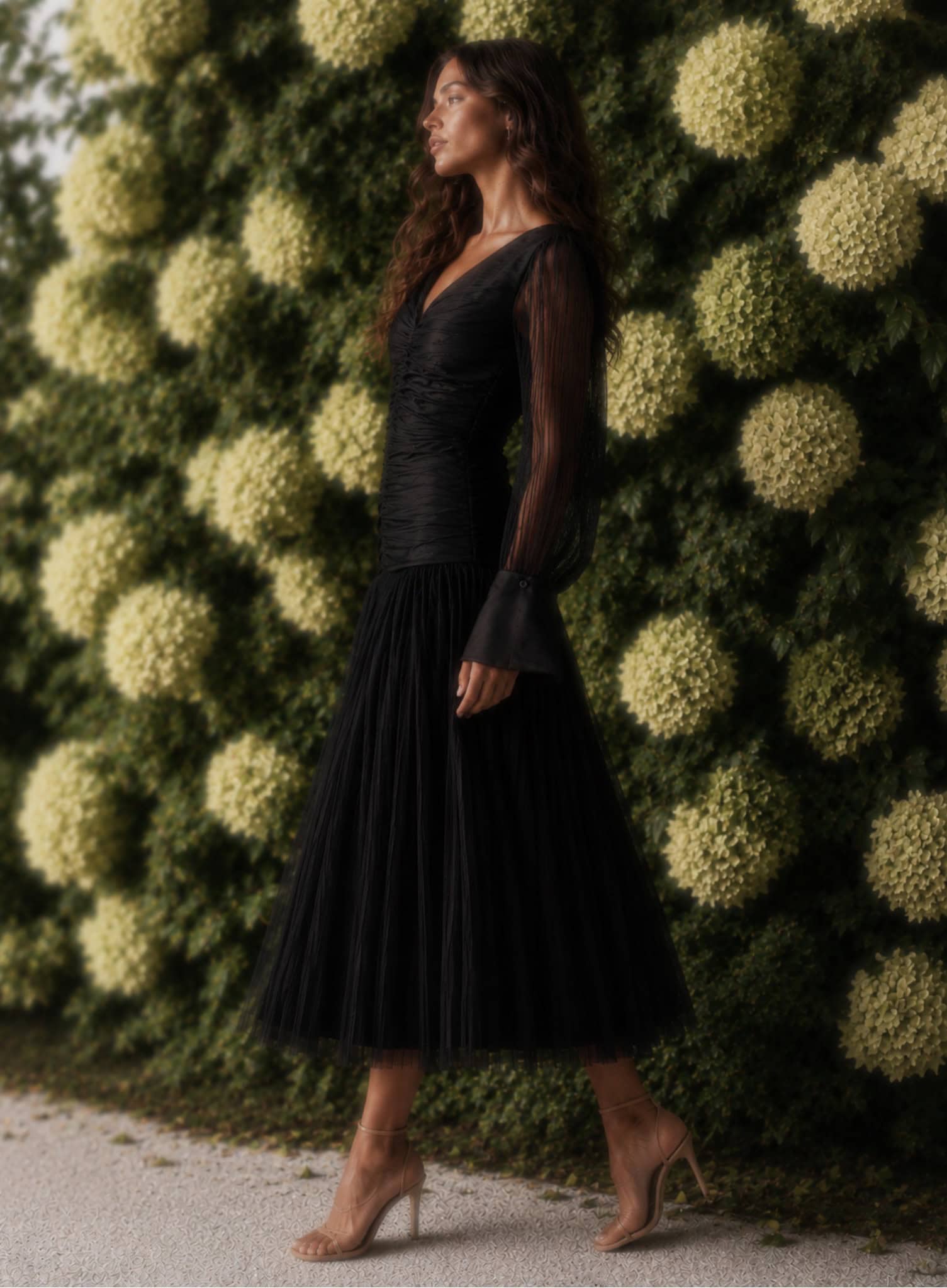 The Audrey blouse in black 5 champagne tux shirt Elegant black dress by Aimee Joyce London with sheer long sleeves and pleated skirt.
