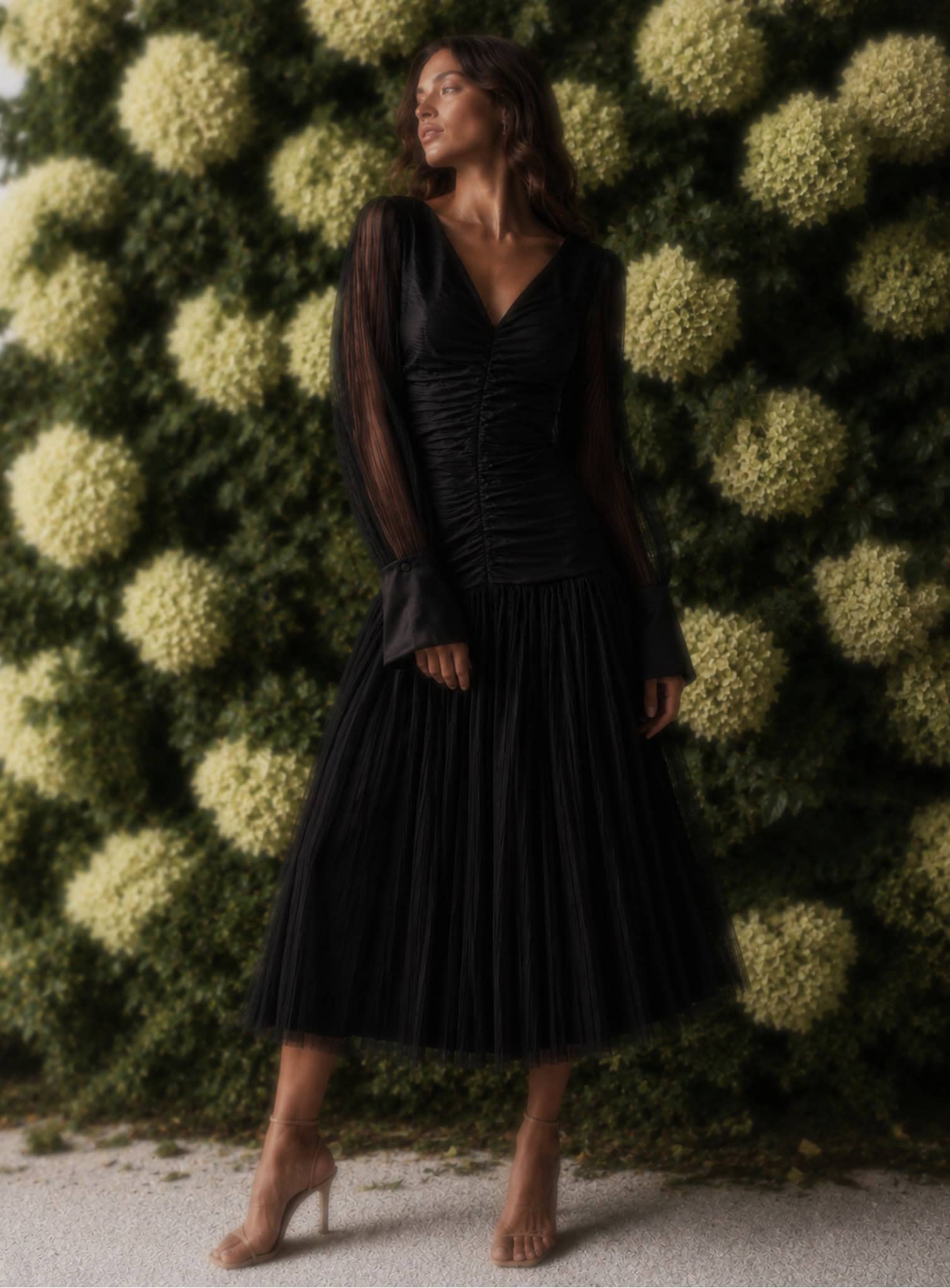 The Audrey blouse in black 10 champagne tux shirt Elegant black dress by Aimee Joyce London with pleated skirt and long sleeves.