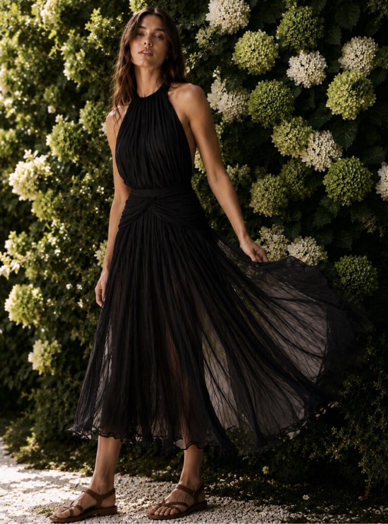 Elegant black pleated dress by Aimee Joyce London for sophisticated occasions.