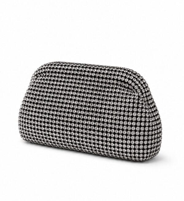 Luxurious black clutch bag adorned with sparkling rhinestones for elegant occasions.