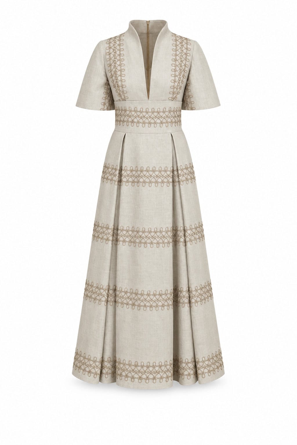 The Gigi Dress in natural ivory embroidered linen, full front ghost mannequin view on a white background