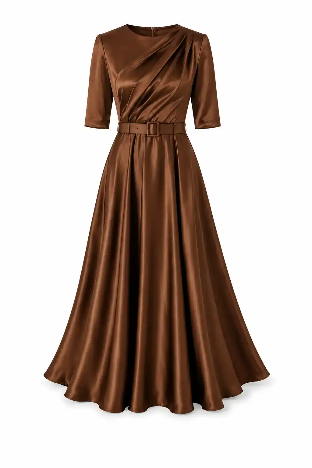 Chocolate brown Primrose satin midi dress on a ghost mannequin, showing the draped bodice, sleeves and self-covered belt.