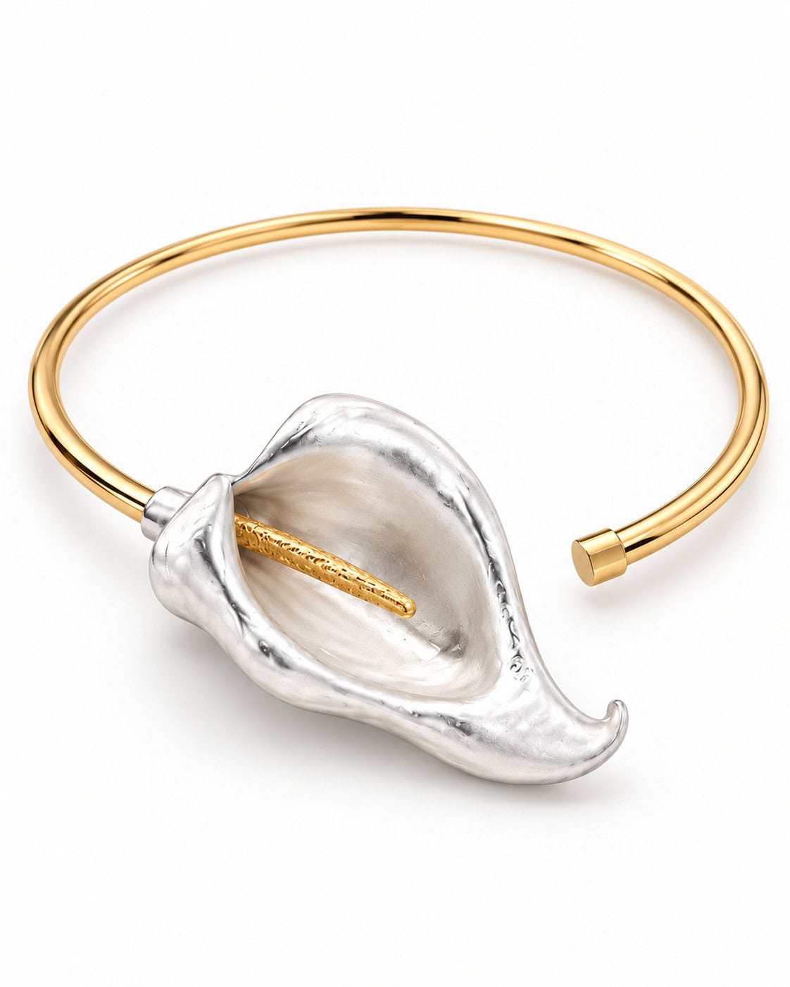 The Calla Necklace photographed from a lower front-facing angle, with a sculptural silver-tone flower and gold-tone collar on a white background