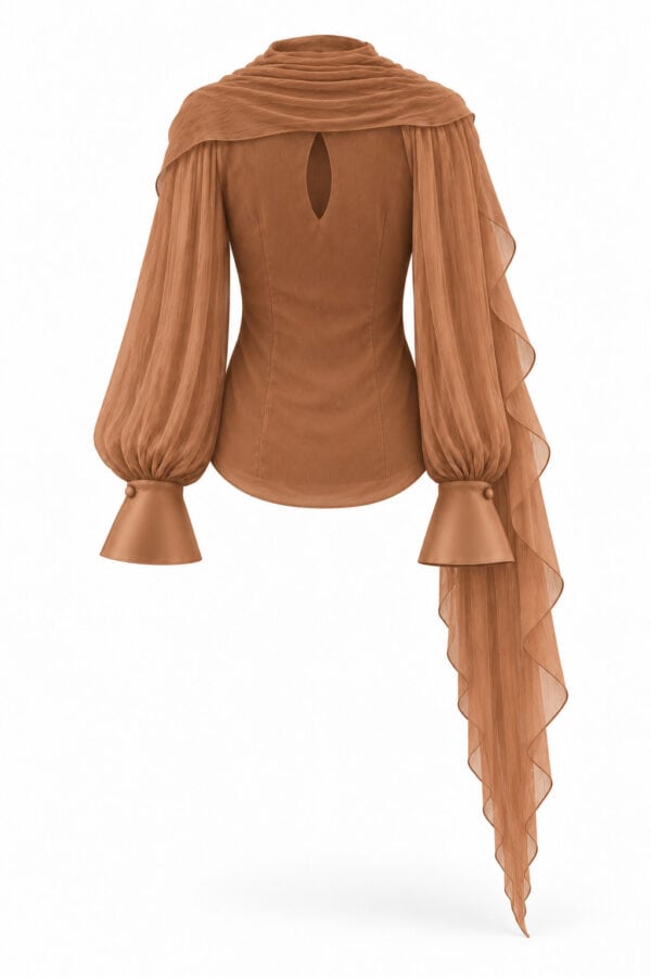 Rear studio view of the tobacco Audrey blouse and detachable chiffon cape