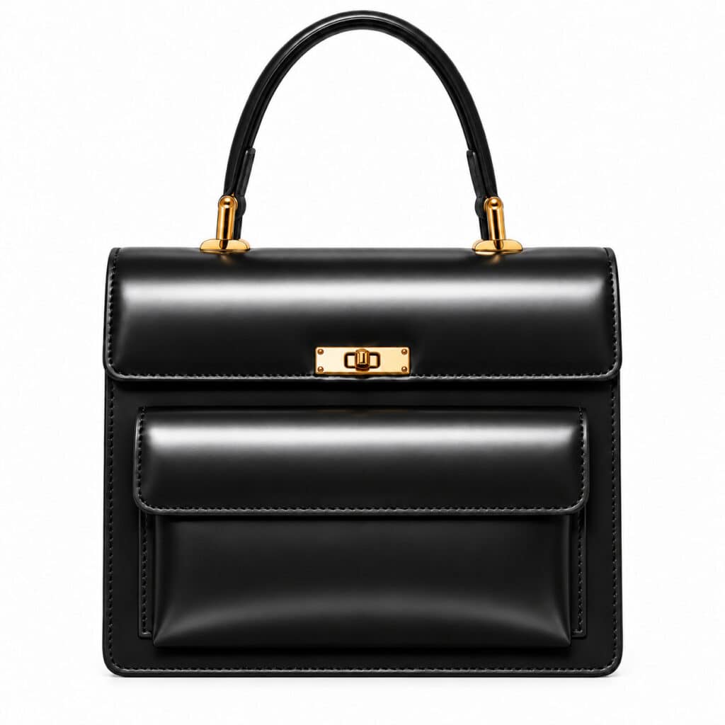 Black Sorella handbag in polished black leather with gold hardware