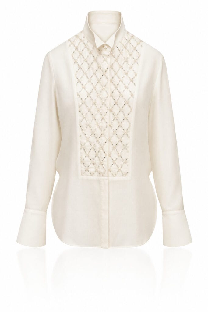 Ivory Embellished Tux Shirt with clearly defined diamond quilting and diamante beading on a white background