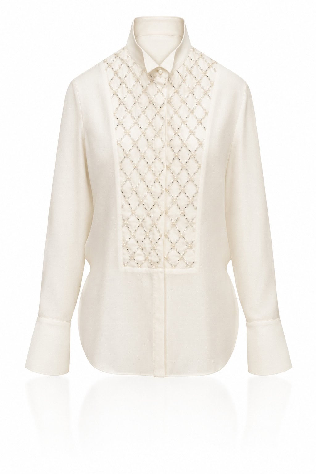 Ivory Embellished Tux Shirt with clearly defined diamond quilting and diamante beading on a white background