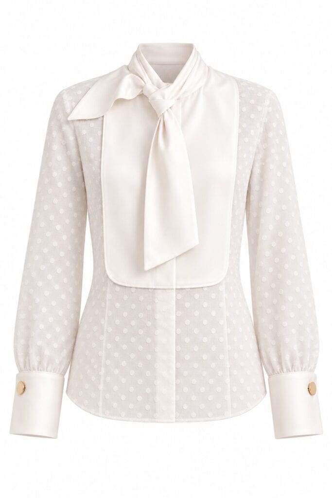The white Gilda Shirt shown on an invisible mannequin against a white background, with polka-dot cotton, Duchess satin bib, neck tie and gold-button cuffs.