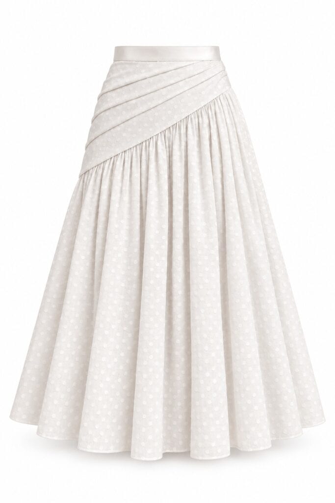 The white Gilda Skirt shown on an invisible mannequin against a white background, with draped polka-dot cotton yoke, satin waistband and full gathered midi skirt.