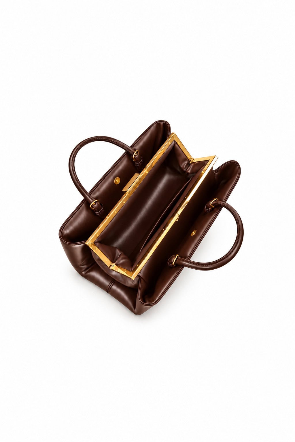 The dark chocolate Valentina bag open, with gold frame and both handles fully visible against a spacious white background