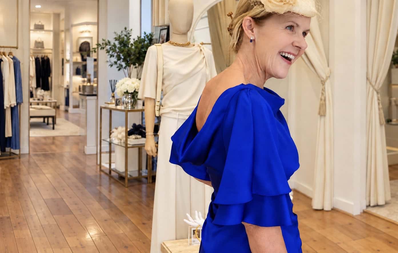 Penny Mountbatten smiling in her royal blue Aimee Joyce dress in the boutique
